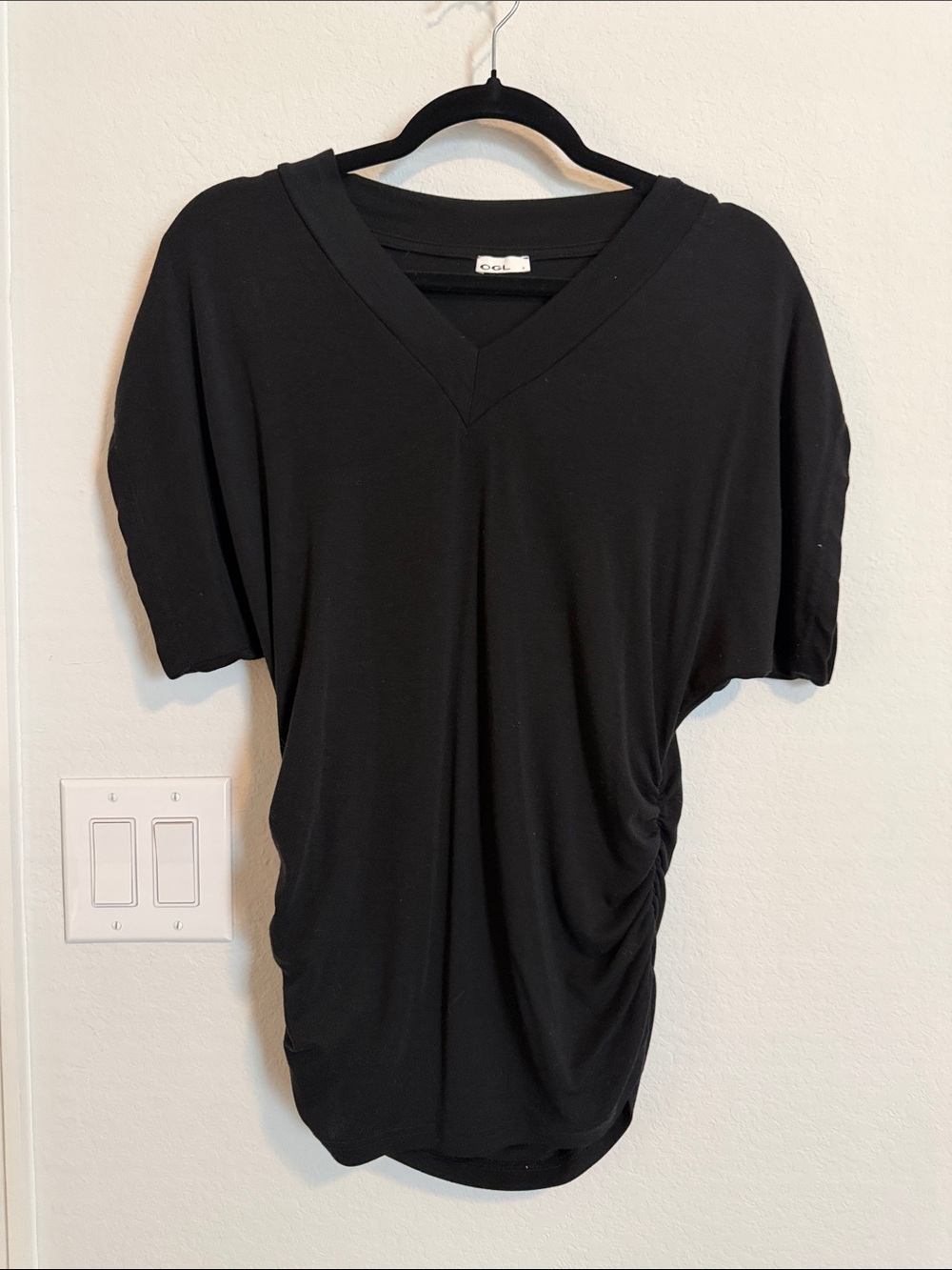 OGL Black V-Neck Short Sleeve Ruched Side Top 1 NWOT